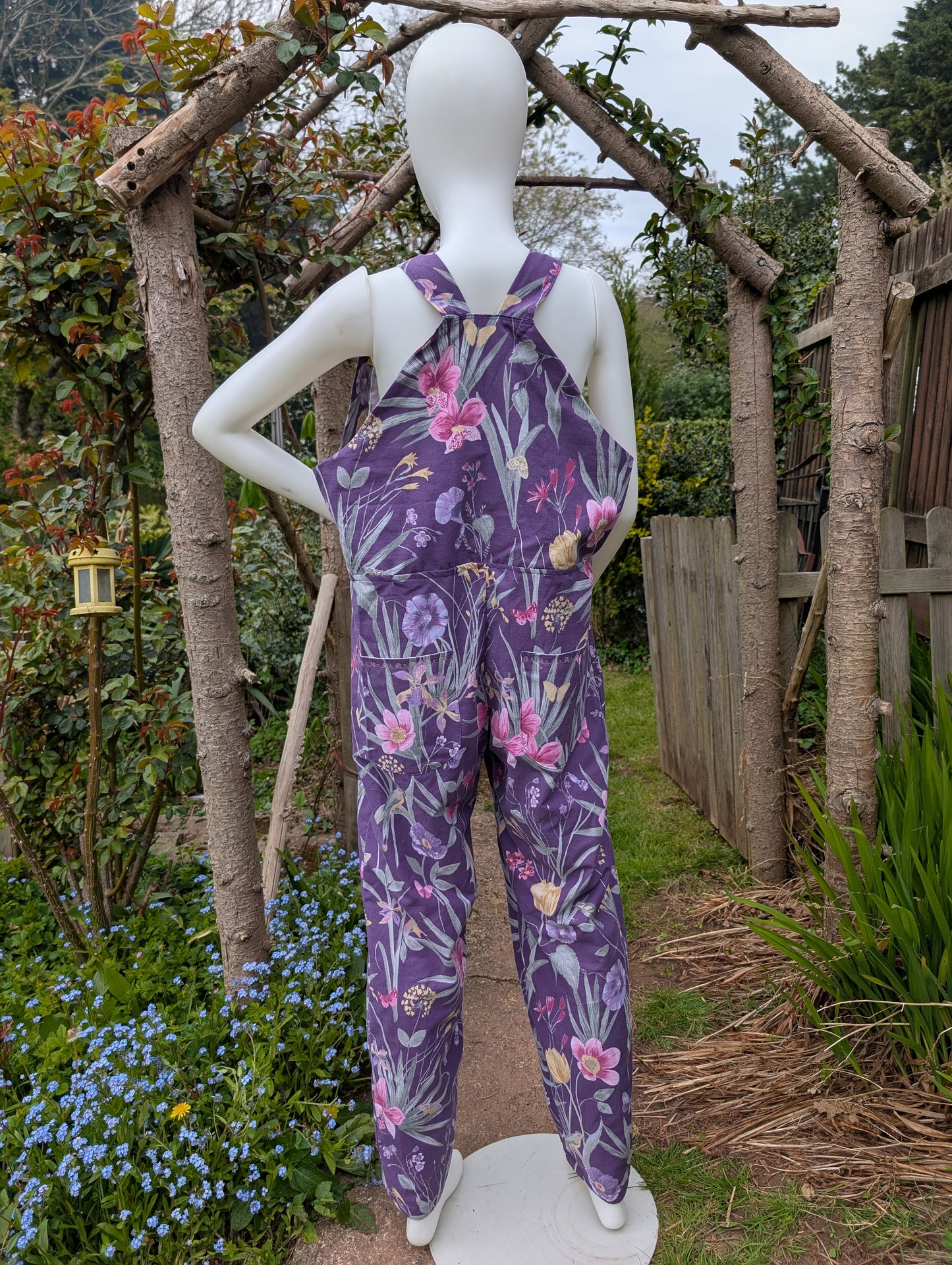 dungarees size 14-purple floral dungarees-sustainable fashion reworked clothing.