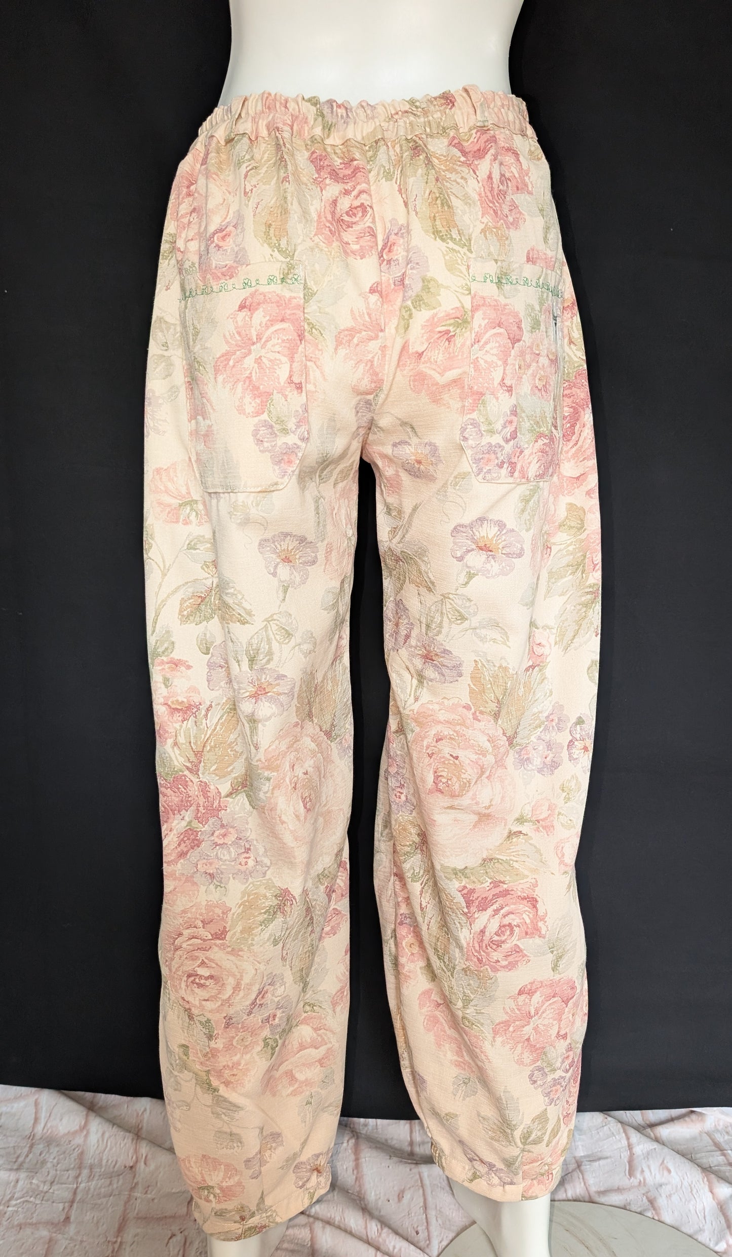 Vintage Vibe: Upcycled - Roses Pattern Trousers, Size 12 - Eco-Friendly Fashion