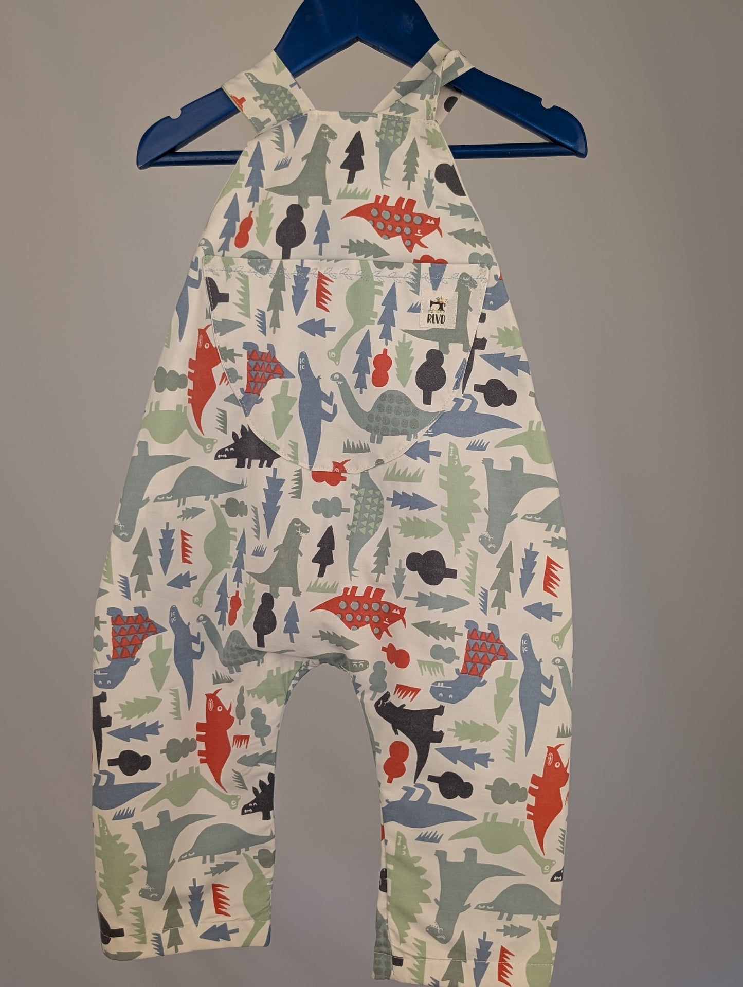 Dinosaur Baby Dungarees Romper: Upcycled Sustainable Baby Clothing (9-12m)