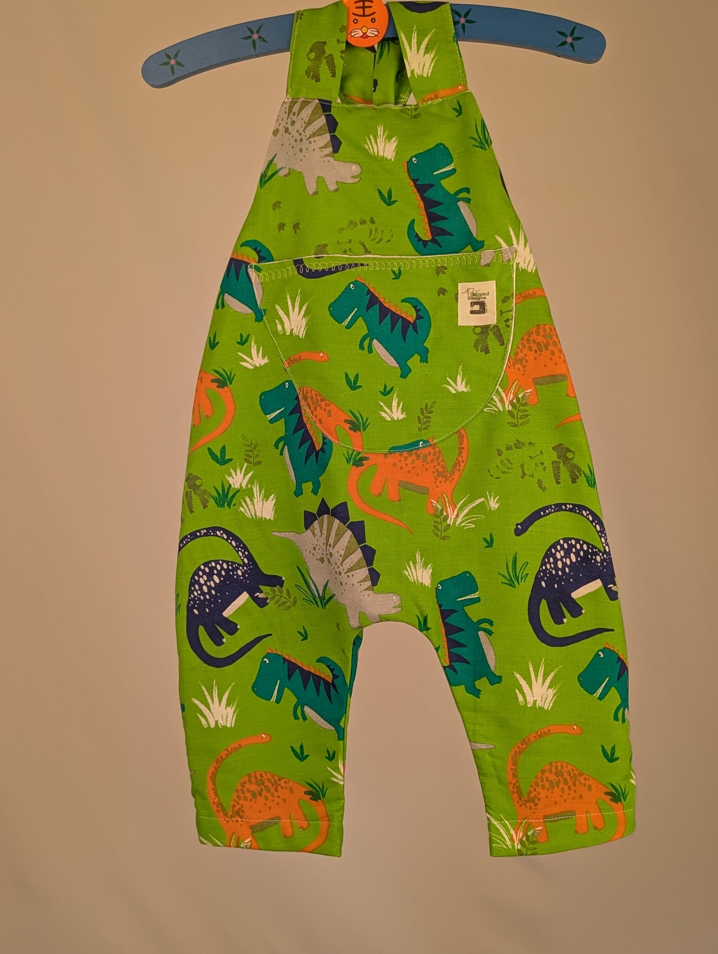 Dinosaur Baby Dungarees Romper: Upcycled Sustainable Baby Clothing (9-12m)