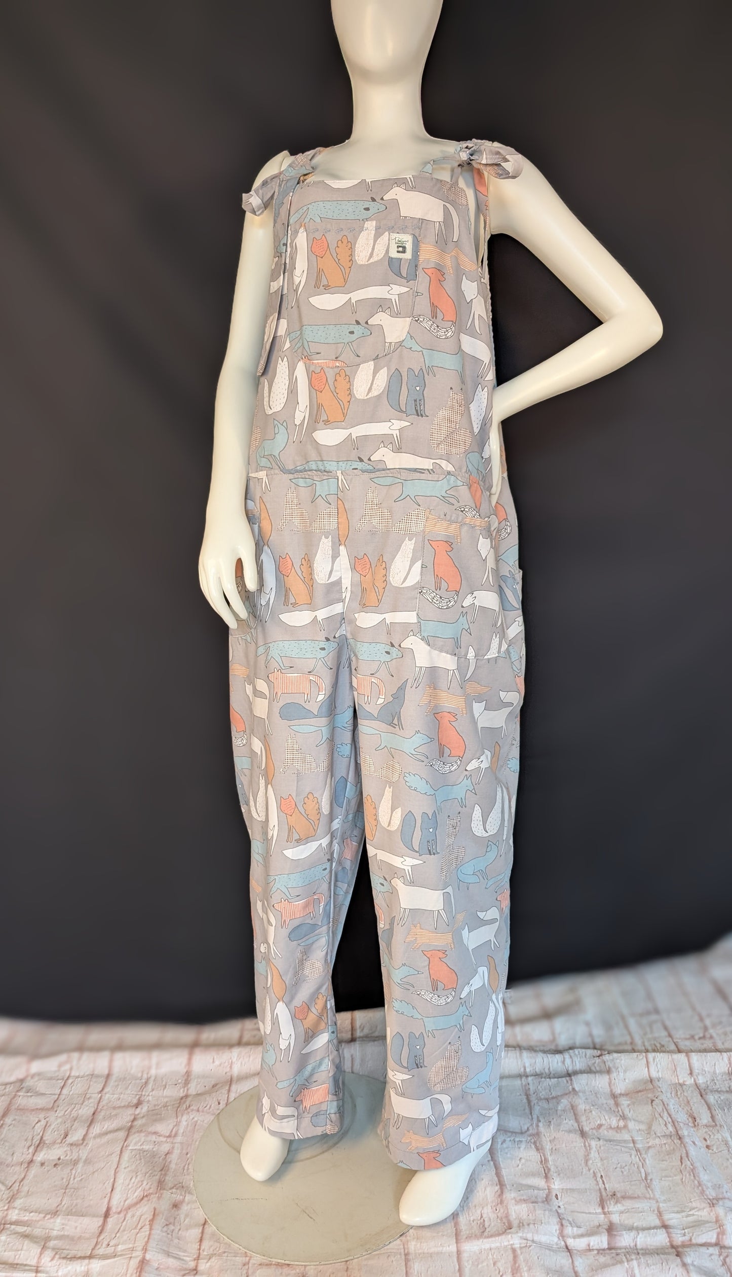 Upcycled Tie-Top Dungarees: foxes pattern, Plus Size 22
