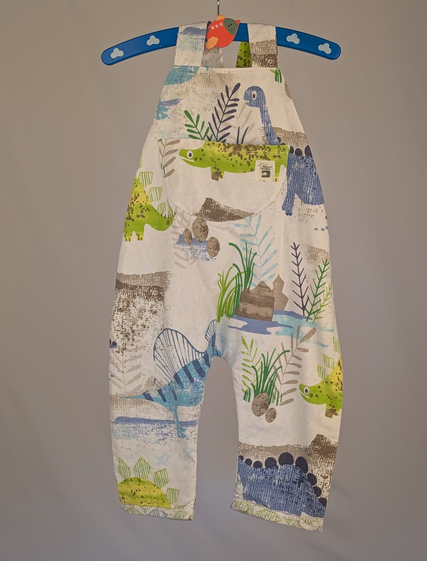 Dinosaur Dungarees, romper,(12-18m)  sustainable children's gift.