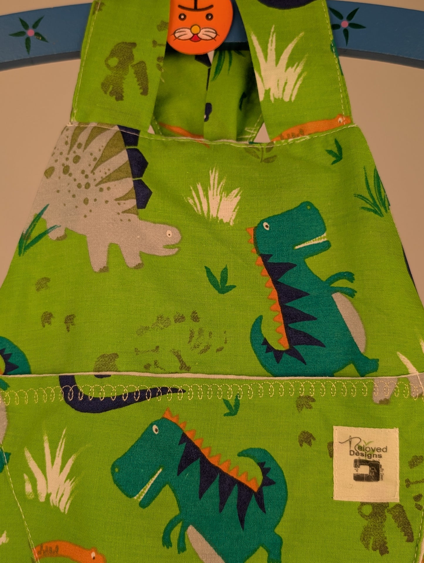 Dinosaur Baby Dungarees Romper: Upcycled Sustainable Baby Clothing (9-12m)