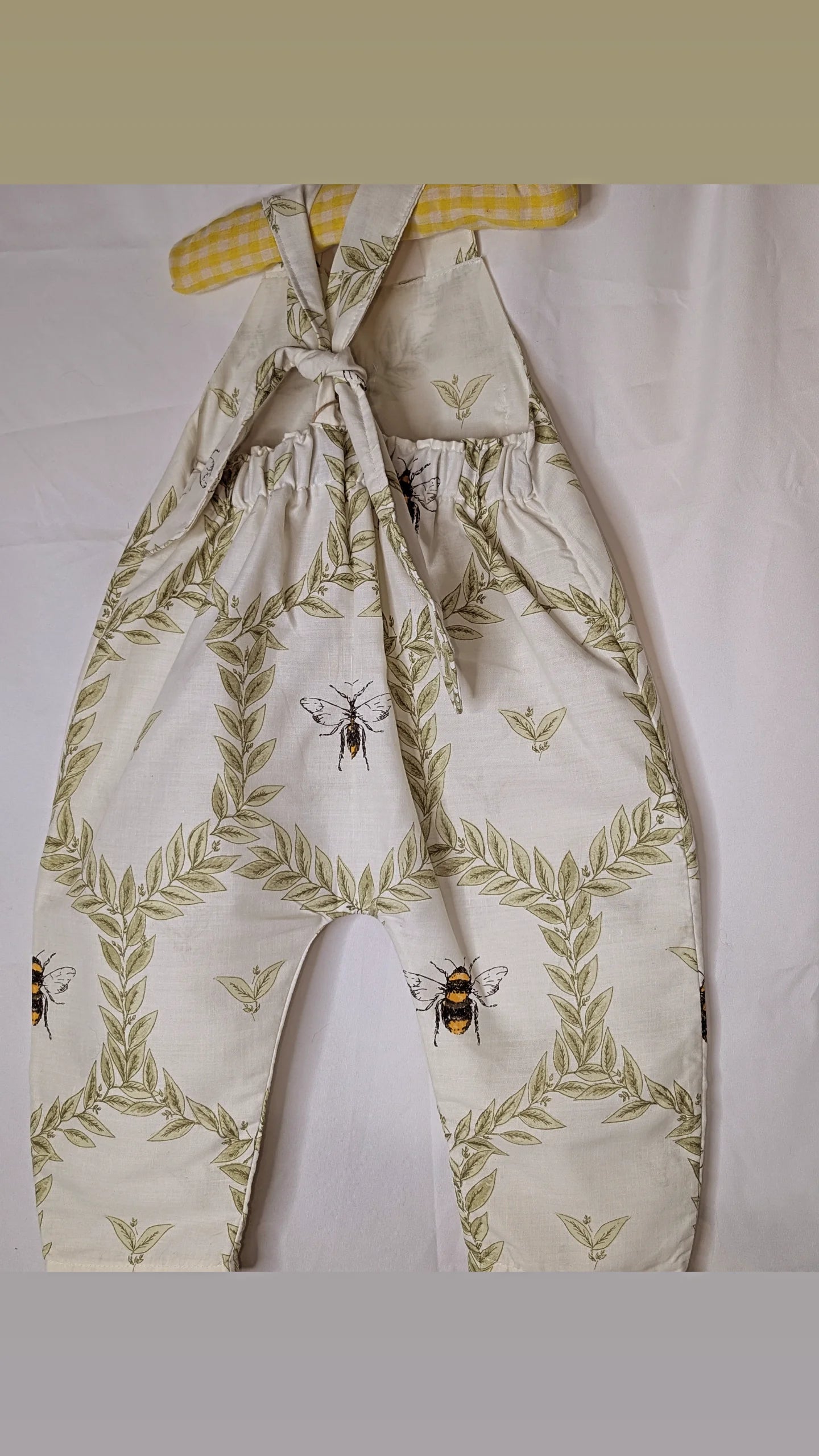 Baby-toddler dungarees-romper-12-18m clothing-child's dungarees-bees print-baby all in one-baby suit-sustainable baby gift.