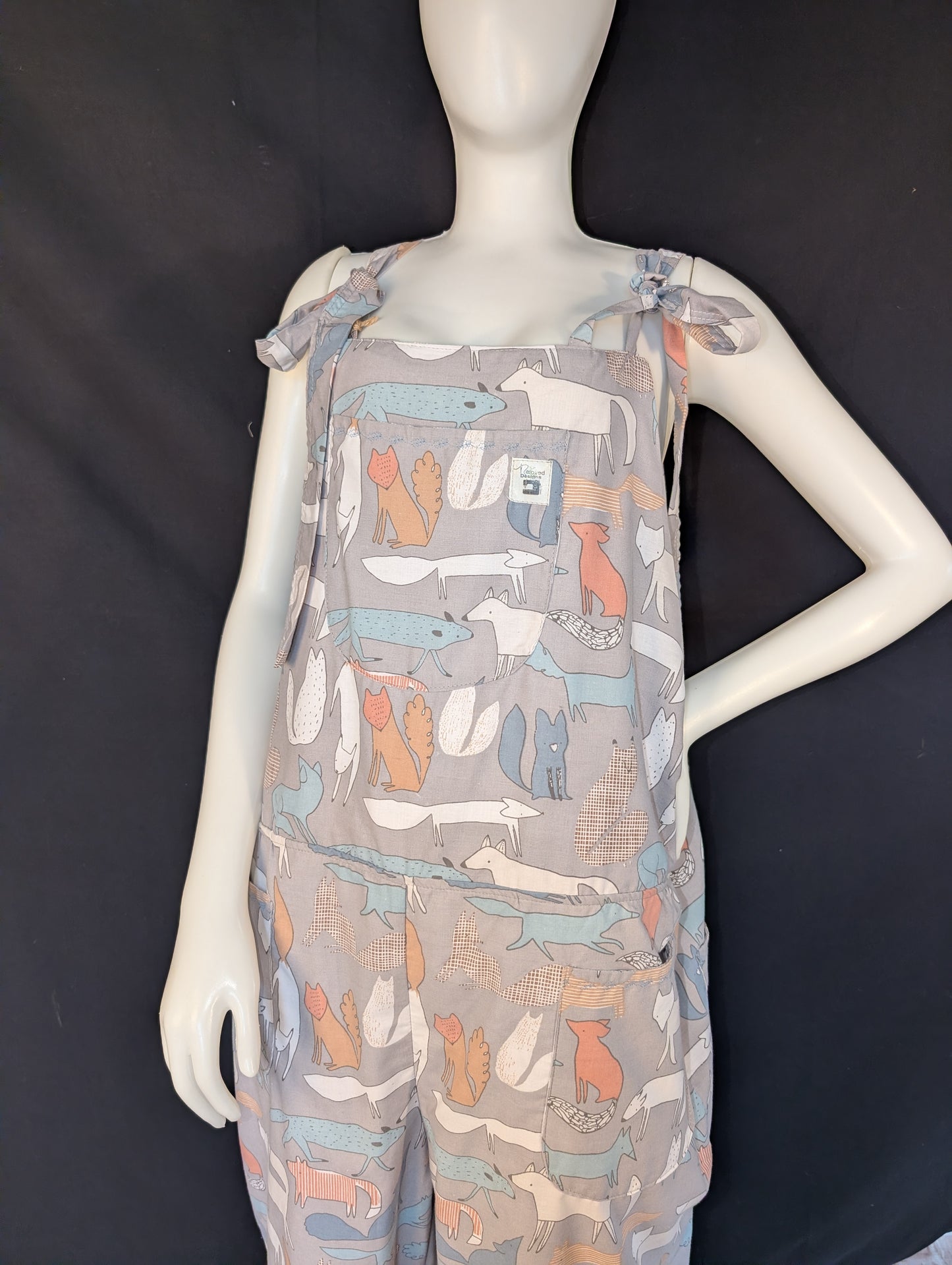 Upcycled Tie-Top Dungarees: foxes pattern, Plus Size 22