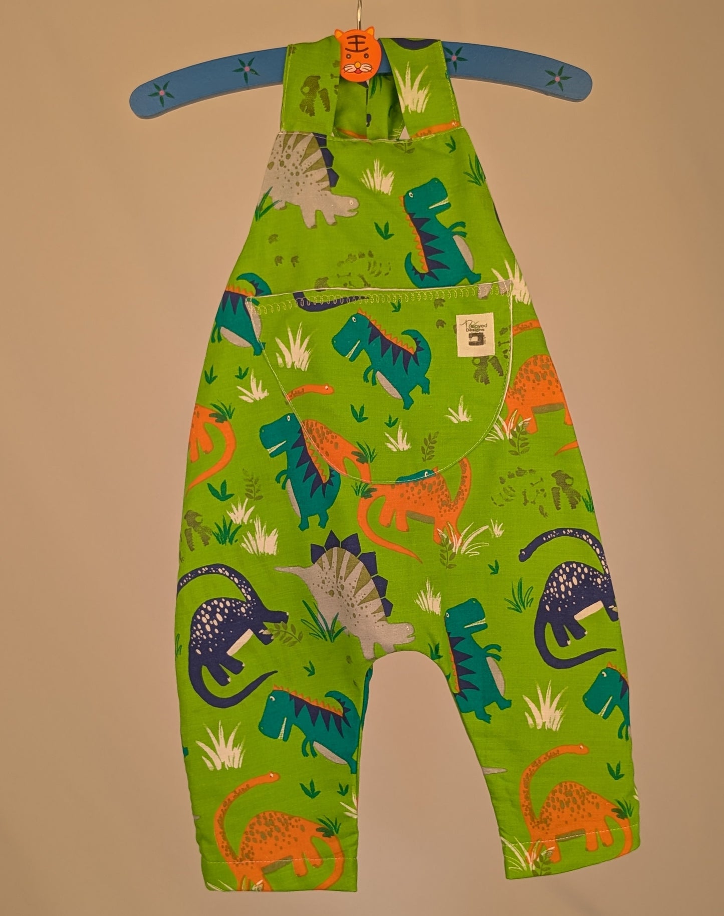 Dinosaur Baby Dungarees Romper: Upcycled Sustainable Baby Clothing (9-12m)